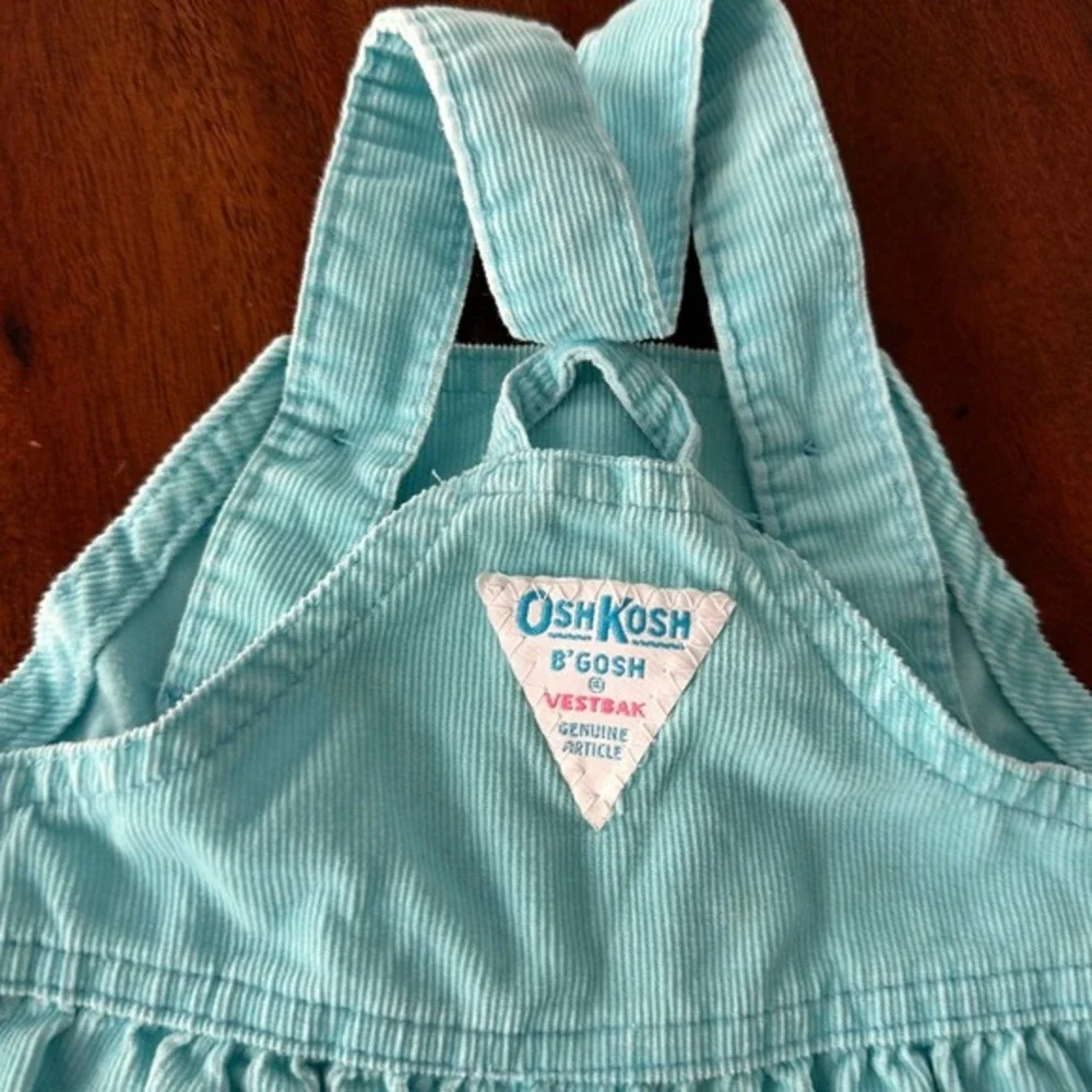 VTG OshKosh B'gosh Pants Overalls kids 6/9M Teal Blue Ruffle‎ Corduroy USA Made